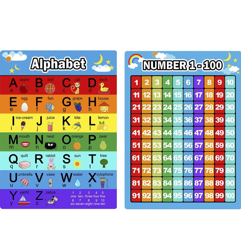 Bememo 2 Pieces Numbers Chart 1-100 and Alphabet Letters Abc Chart, Laminated Educational Preschool Learning Posters for Kids Toddlers Kindergarten Class Wall Supplies - Image 1